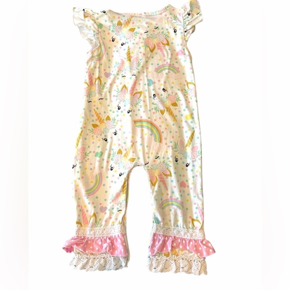 Unicorn rainbow polkadot ruffle short sleeve jumpsuit birthday outfit size 2T - Picture 2 of 6